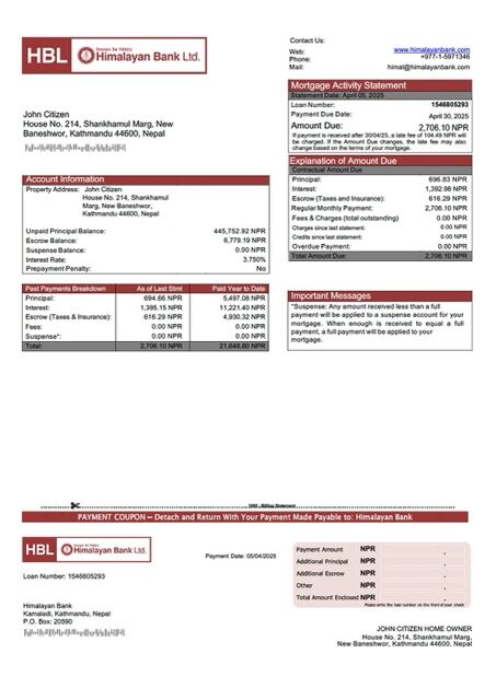 Nepal Himalayan Bank mortgage statement Word and PDF template