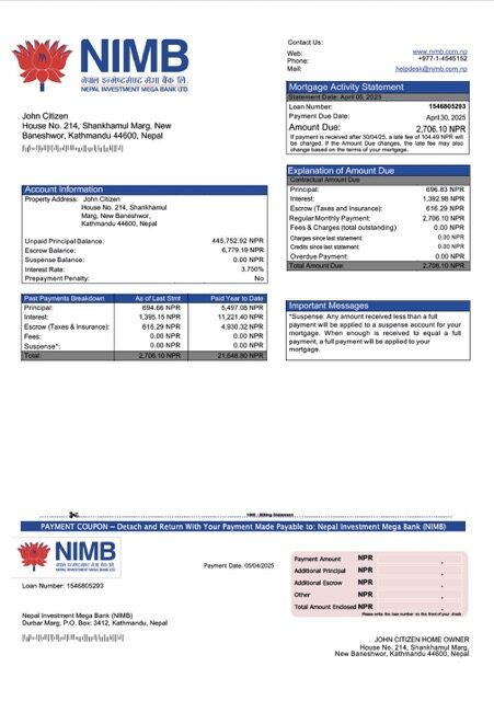 Nepal Investment Mega Bank (NIMB) mortgage statement Word and PDF template