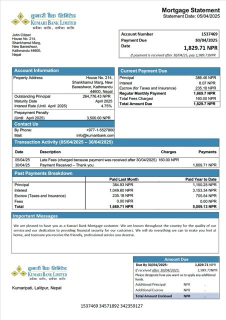 Nepal Kumari Bank mortgage statement Word and PDF template