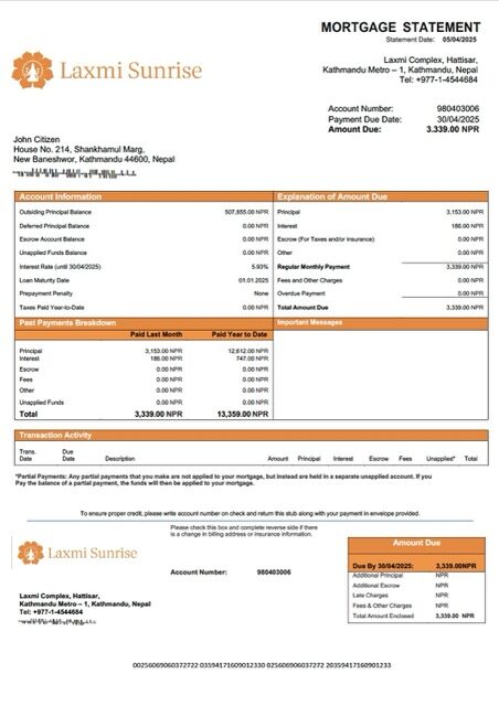 Nepal Laxmi Sunrise Bank mortgage statement Word and PDF template