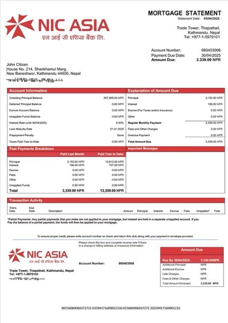 Nepal NIC Asia Bank mortgage statement Word and PDF template