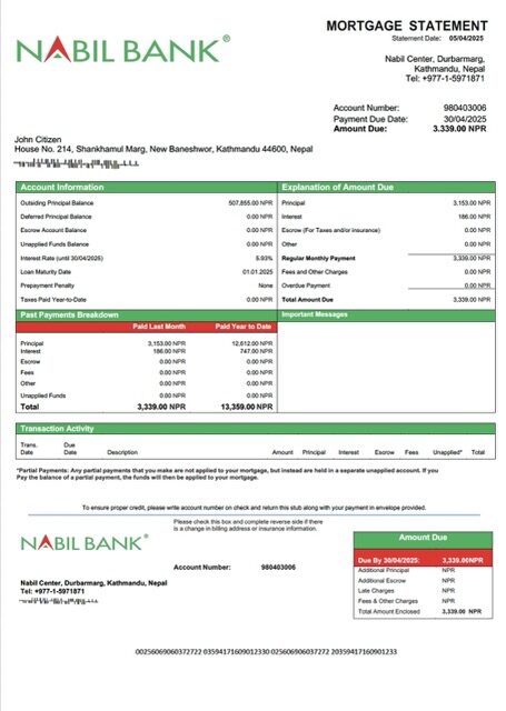 Nepal Nabil Bank mortgage statement Word and PDF template