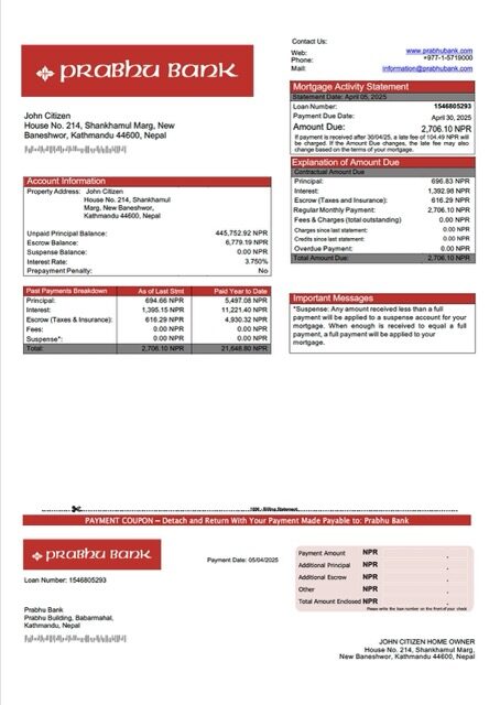 Nepal Prabhu Bank mortgage statement Word and PDF template