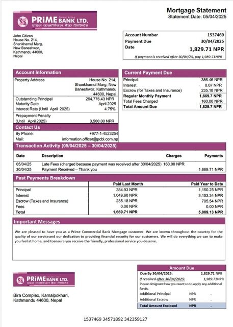Nepal Prime Commercial Bank mortgage statement Word and PDF template