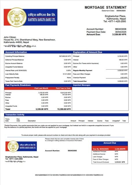 Nepal Rastriya Banijya Bank mortgage statement Word and PDF template
