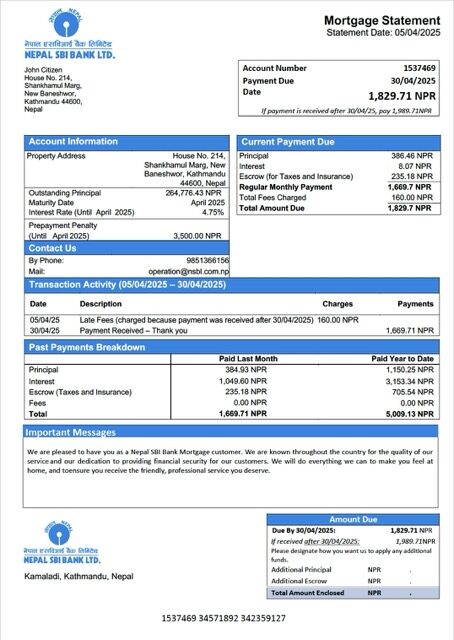 Nepal SBI Bank mortgage statement Word and PDF template