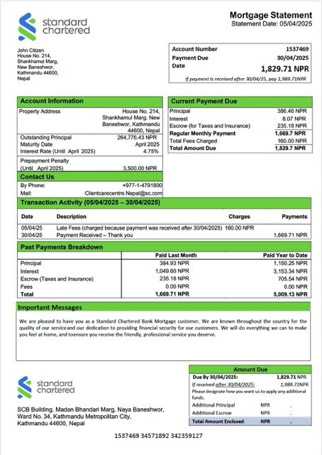 Nepal Standard Chartered Bank mortgage statement Word and PDF template