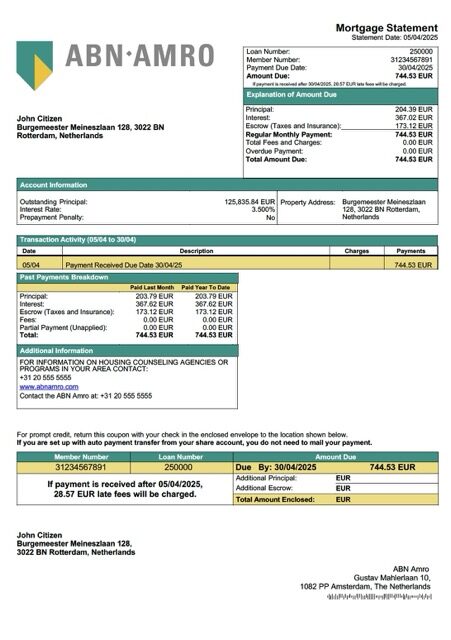 Netherlands ABN Amro mortgage statement Word and PDF template