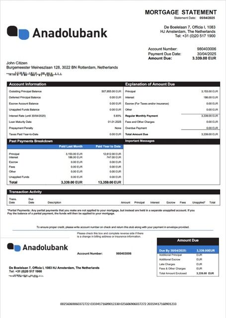 Netherlands Anadolubank Nederland mortgage statement Word and PDF template
