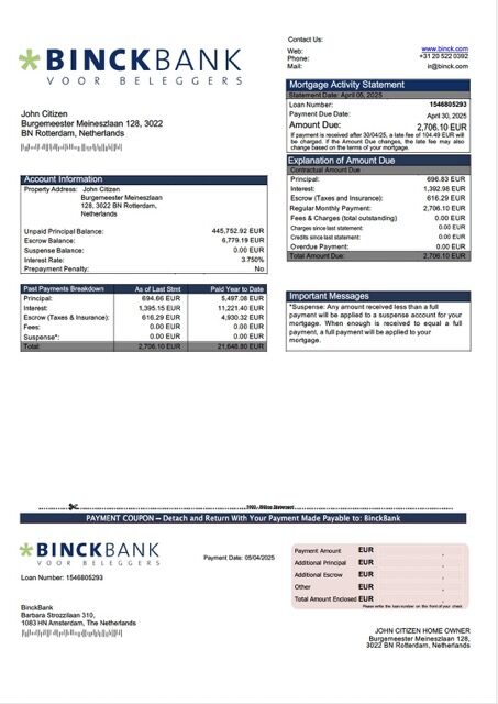 Netherlands BinckBank mortgage statement Word and PDF template