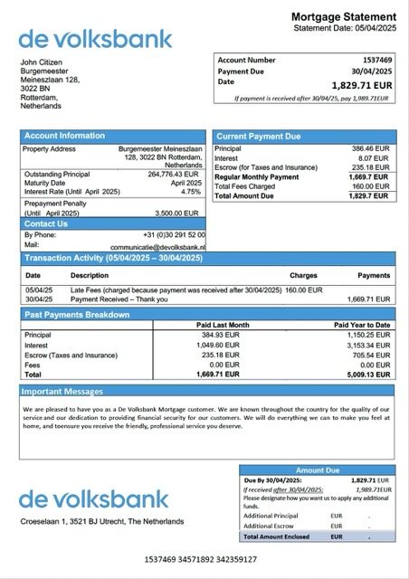 Netherlands De Volksbank mortgage statement Word and PDF template