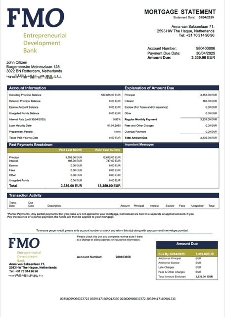 Netherlands FMO Bank mortgage statement Word and PDF template