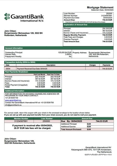 Netherlands GarantiBank International NV mortgage statement Word and PDF template