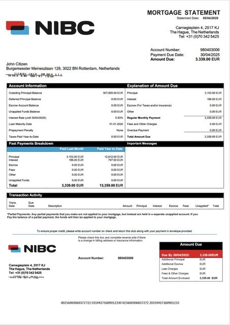 Netherlands NIBC Bank mortgage statement Word and PDF template