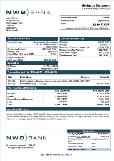 Netherlands NWB Bank mortgage statement Word and PDF template