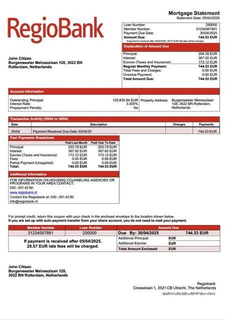 Netherlands Regiobank mortgage statement Word and PDF template