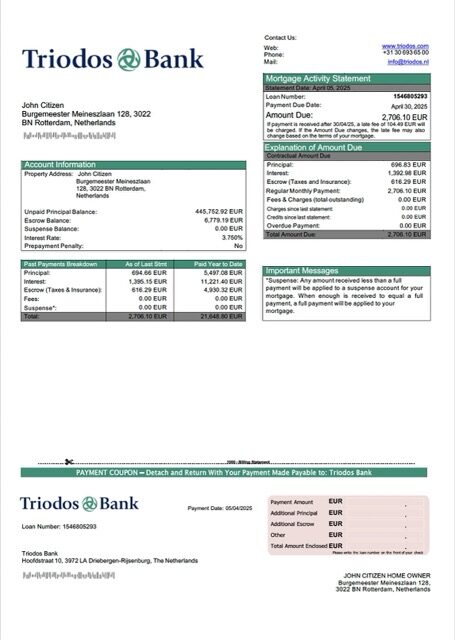 Netherlands Triodos Bank mortgage statement Word and PDF template