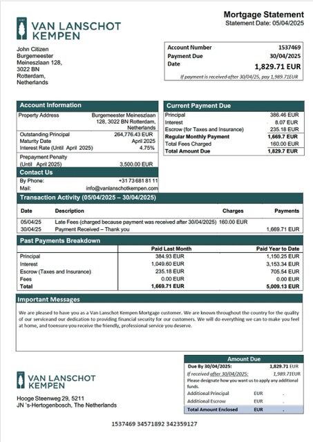 Netherlands Van Lanschot Kempen mortgage statement Word and PDF template