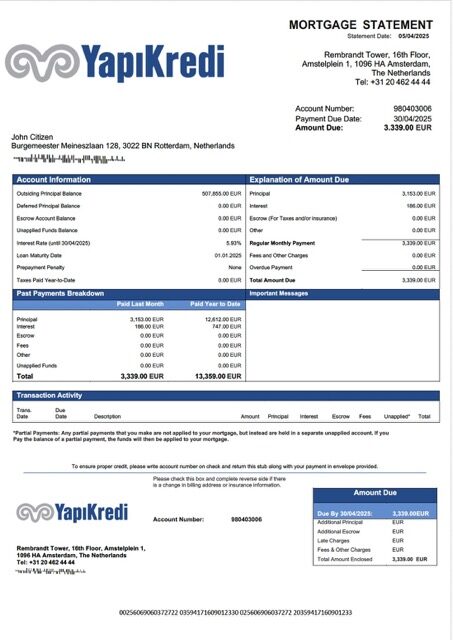 Netherlands Yapi Kredi Bank Nederland mortgage statement Word and PDF template