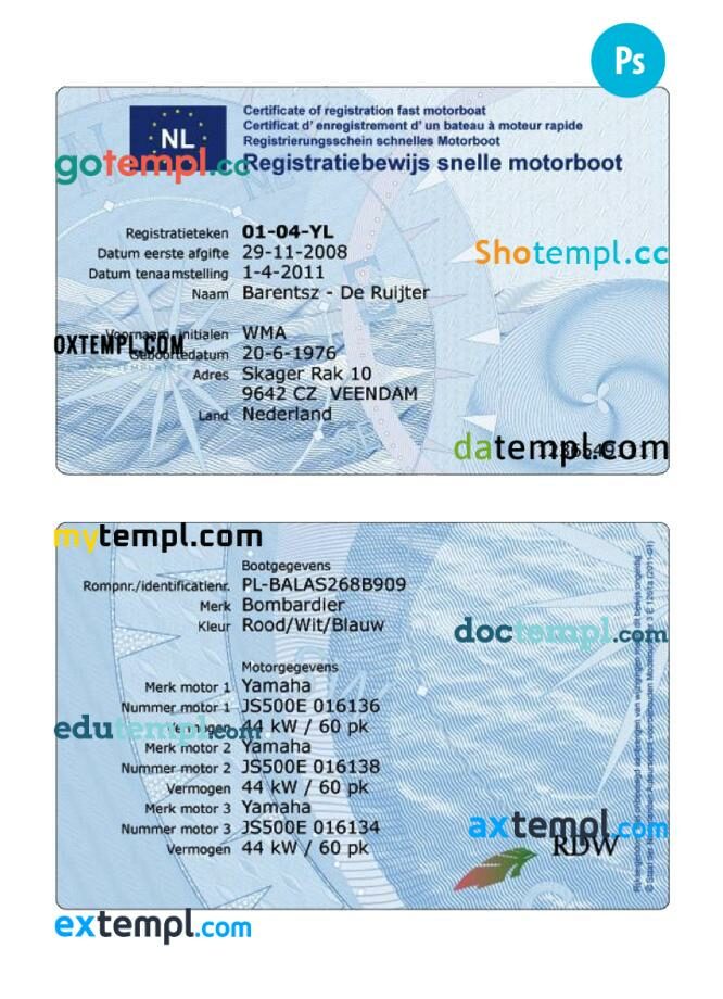 Netherlands registration certificate fast motorboat in PSD format