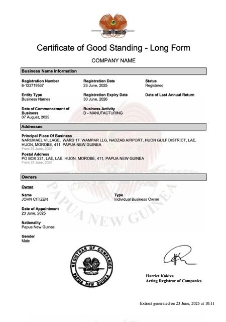 New Guinea certificate of good standing Word and PDF template, version 2