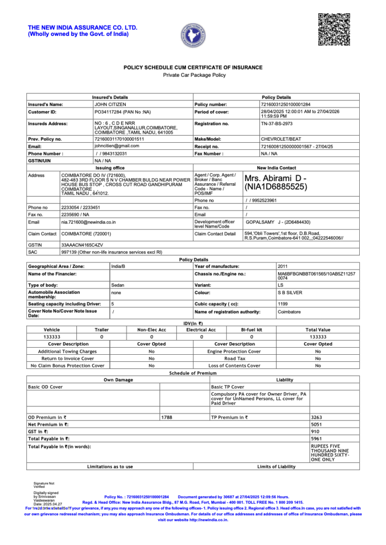 New India Assurance Policy Schedule Cum Vehicle certificate of insurance Word and PDF template