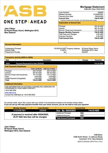 New Zealand ASB Bank mortgage statement Word and PDF template