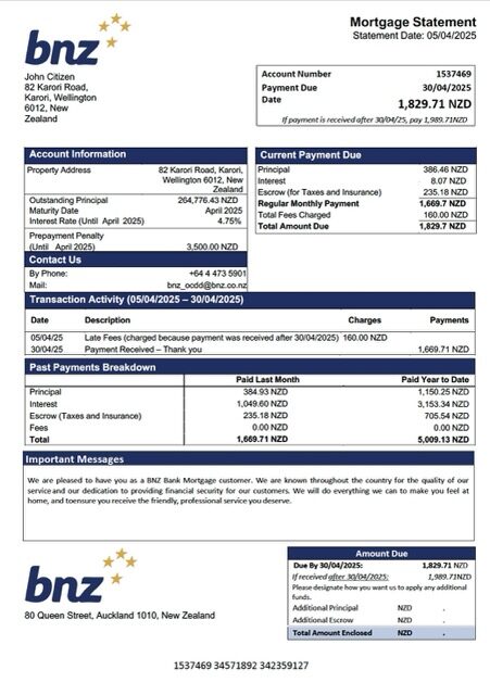 New Zealand BNZ Bank mortgage statement Word and PDF template