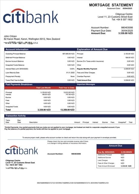 New Zealand Citibank New Zealand mortgage statement Word and PDF template