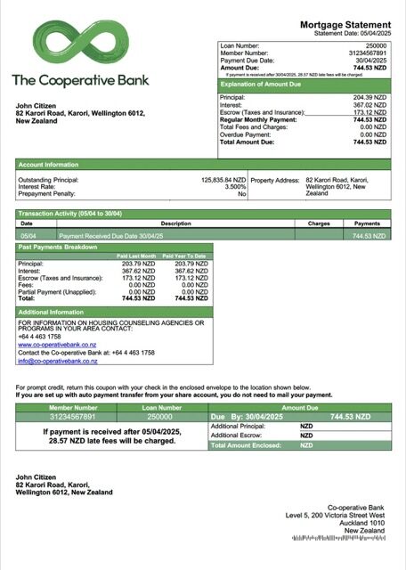 New Zealand Co-operative Bank mortgage statement Word and PDF template
