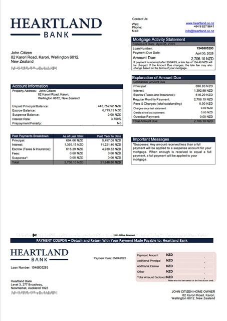 New Zealand Heartland Bank mortgage statement Word and PDF template