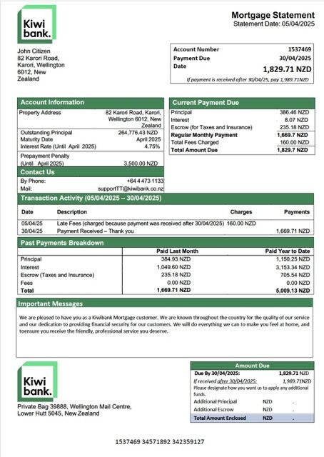 New Zealand Kiwibank mortgage statement Word and PDF template