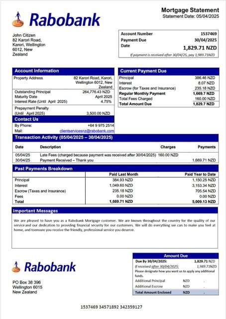 New Zealand Rabobank mortgage statement Word and PDF template