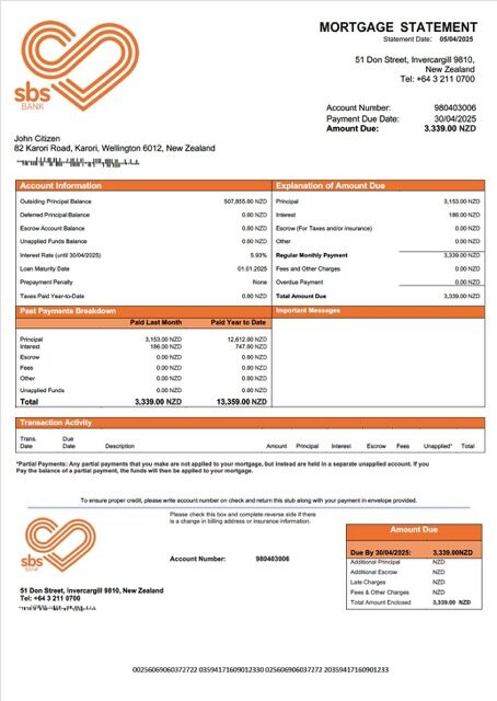 New Zealand SBS Bank mortgage statement Word and PDF template