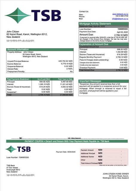 New Zealand TSB Bank mortgage statement Word and PDF template