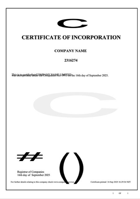 New Zealand certificate of incorporation Word and PDF template, version 2