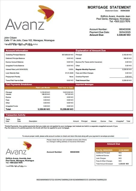 Nicaragua Banco Avanz mortgage statement Word and PDF template