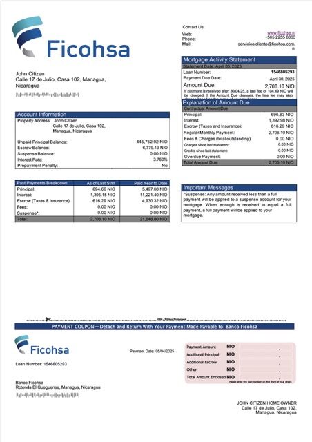 Nicaragua Banco Ficohsa mortgage statement Word and PDF template