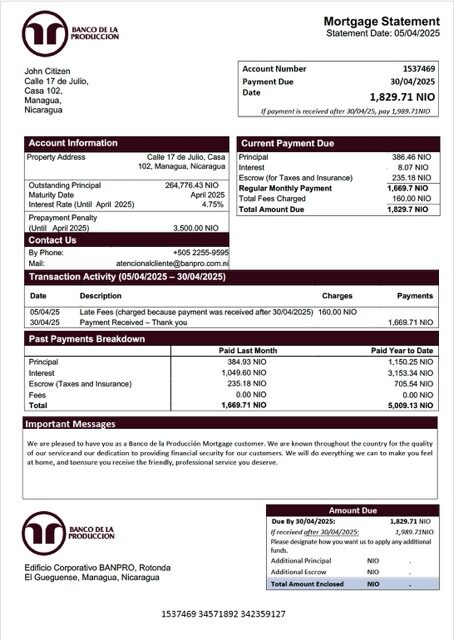 Nicaragua Banco de la Producción mortgage statement Word and PDF template