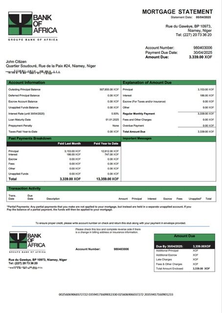 Niger Bank of Africa mortgage statement Word and PDF template