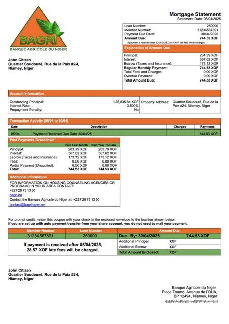 Niger Banque Agricole du Niger mortgage statement Word and PDF template