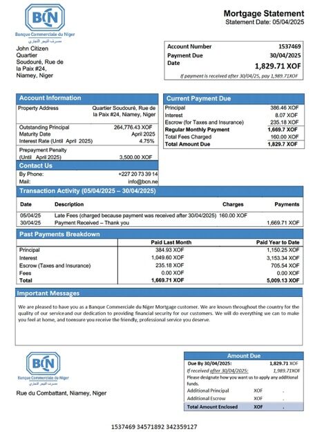 Niger Banque Commerciale du Niger (BCN) mortgage statement Word and PDF template