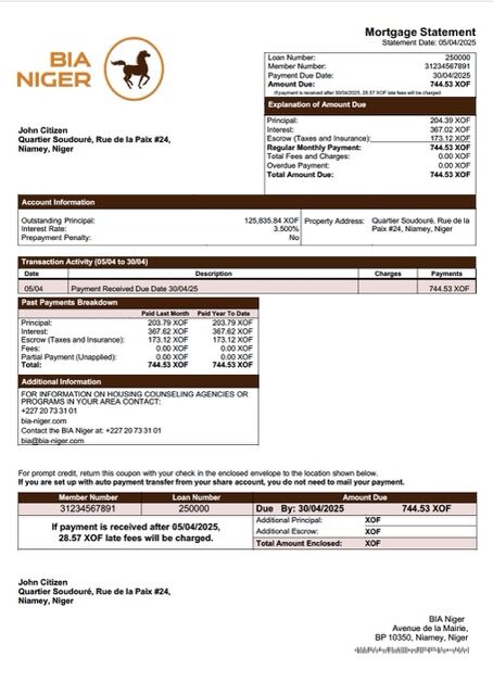 Niger Banque Internationale pour l'Afrique au Niger (BIA Niger) mortgage statement Word and PDF template