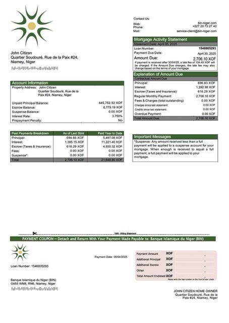 Niger Banque Islamique du Niger (BIN) mortgage statement Word and PDF template