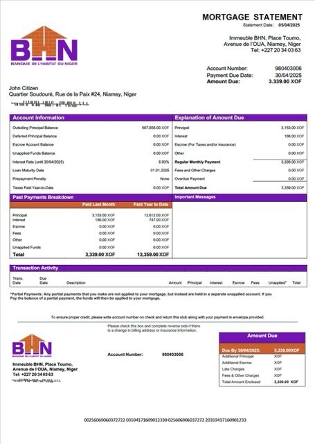 Niger Banque de l'Habitat du Niger (BHN) mortgage statement Word and PDF template