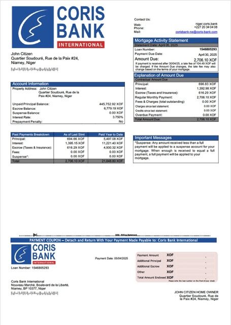 Niger Coris Bank International mortgage statement Word and PDF template