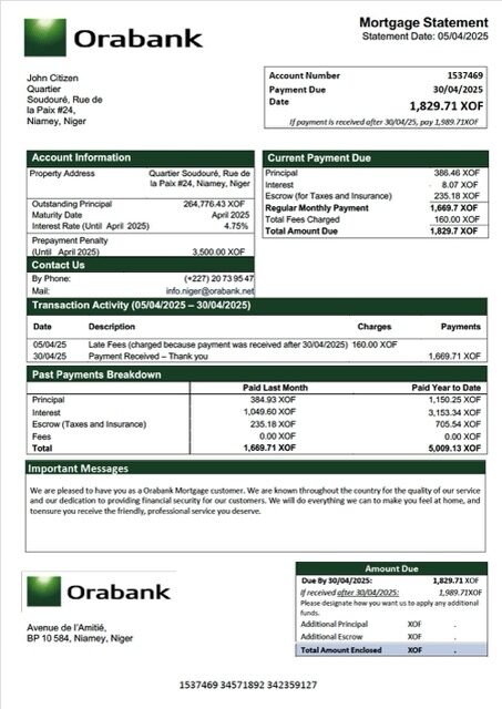 Niger Orabank mortgage statement Word and PDF template