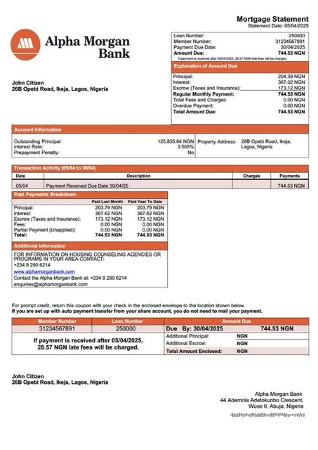Nigeria Alpha Morgan Bank mortgage statement Word and PDF template