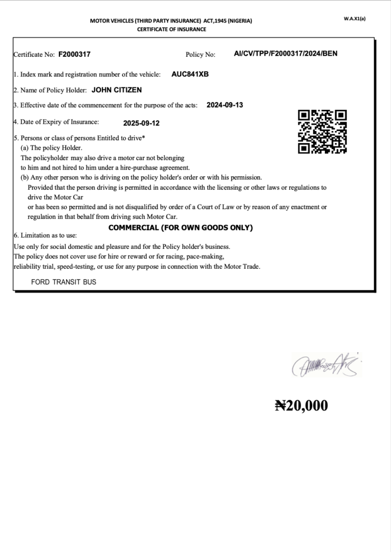 Nigeria certificate of insurance Word and PDF template