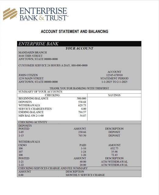 Nigeria Enterprise Bank account statement Word and PDF template